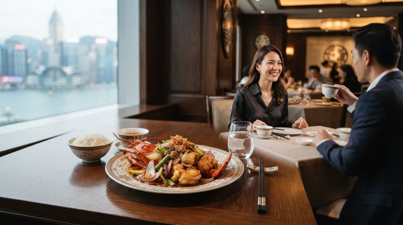 a refined Cantonese lobster dish at T'ang Court, glossy stir-fried shellfish with three kinds of onion plated in a polished fine-dining room