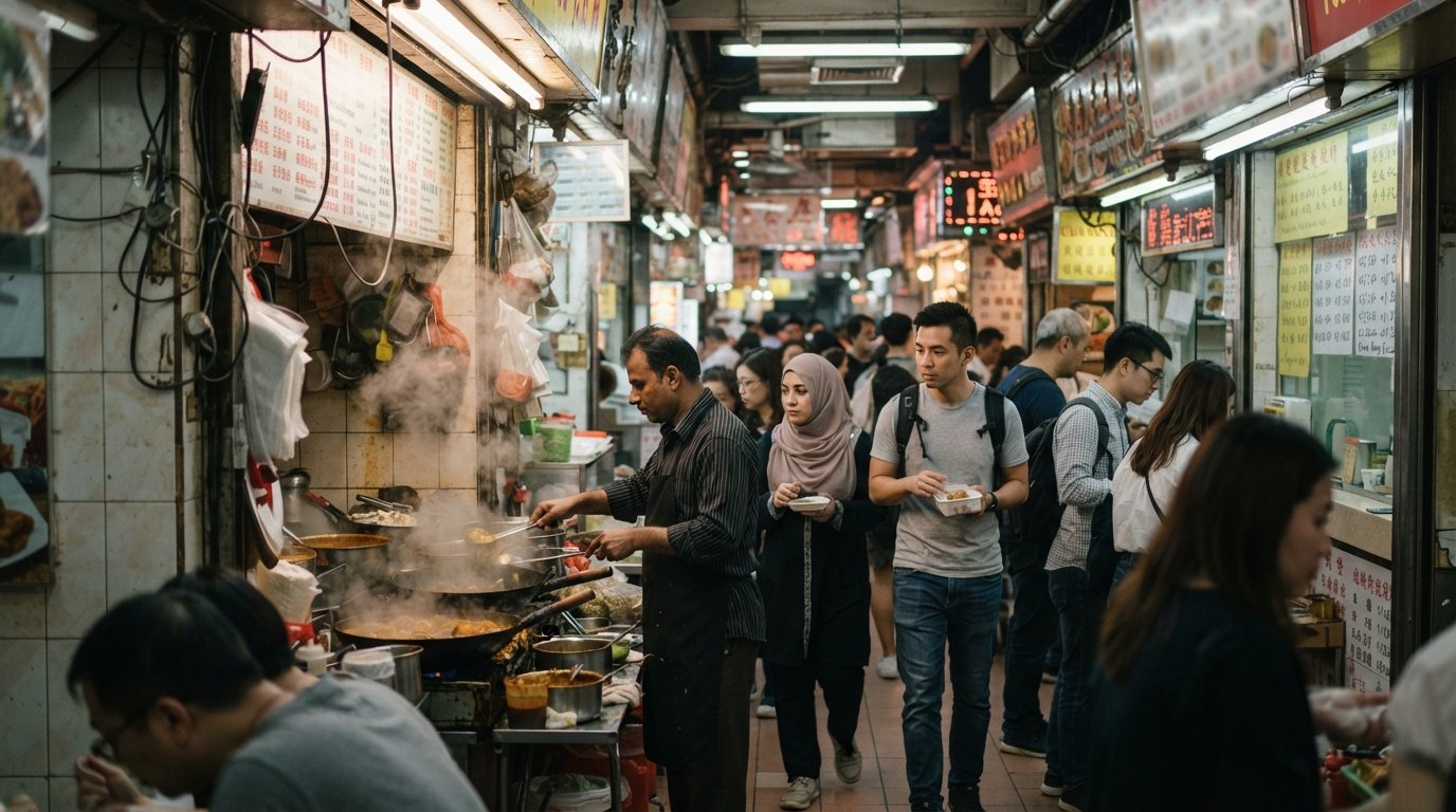 the narrow interior of Chungking Mansions food stalls, fluorescent light, curry steam, currency counters and handwritten menus along Nathan Road